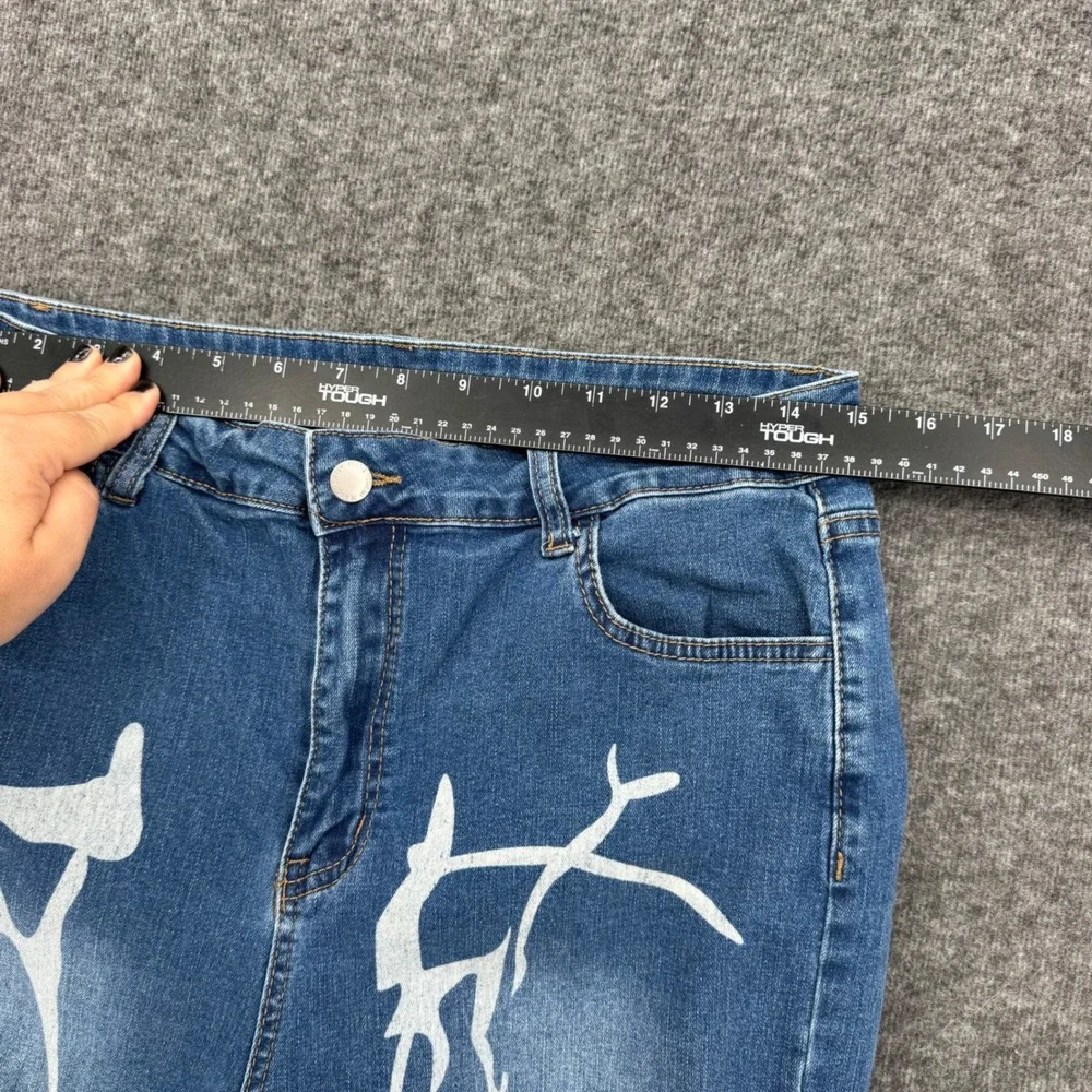 Womens Blue Abstract Graphic Print Distressed Straight Leg High Rise Jeans 30